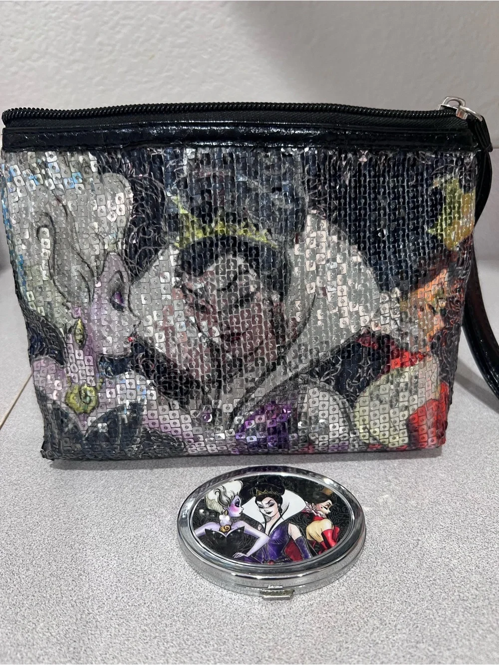 Disney Villains Sequin Cosmetic Bag & Compact Mirror